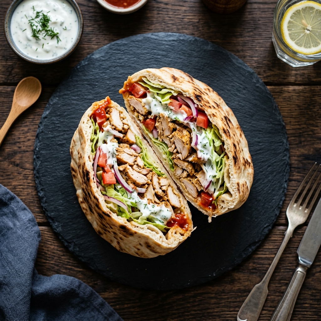 Chicken döner kebab in homemade pita with fresh vegetables and garlic sauce