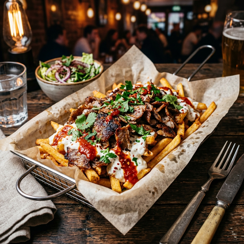 Döner meat served on crispy french fries with garlic and chili sauce