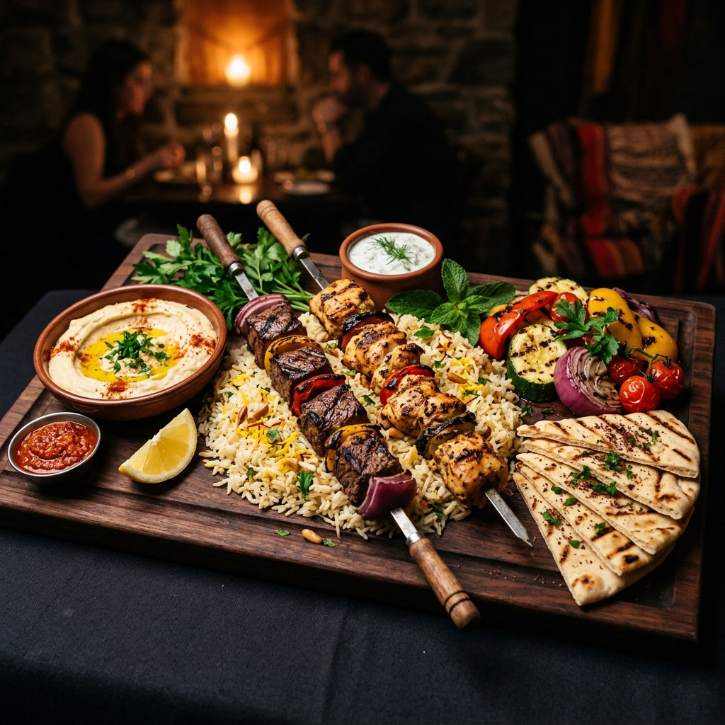 Mediterranean grill platter with beef and chicken kebab skewers, hummus, and fresh pita bread