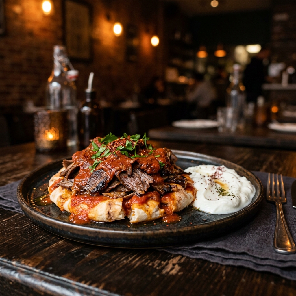 Iskender kebab with sliced beef döner on pita bread with tomato sauce and yogurt