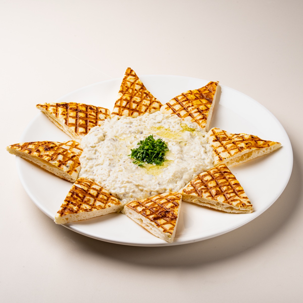 Smoky baba ghanoush eggplant dip with fresh pita