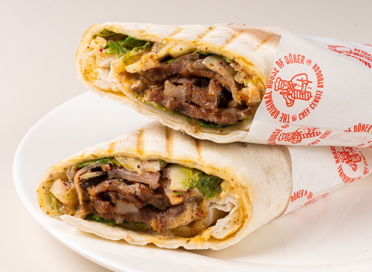 Turkish döner wrap rolled in soft homemade wrap
