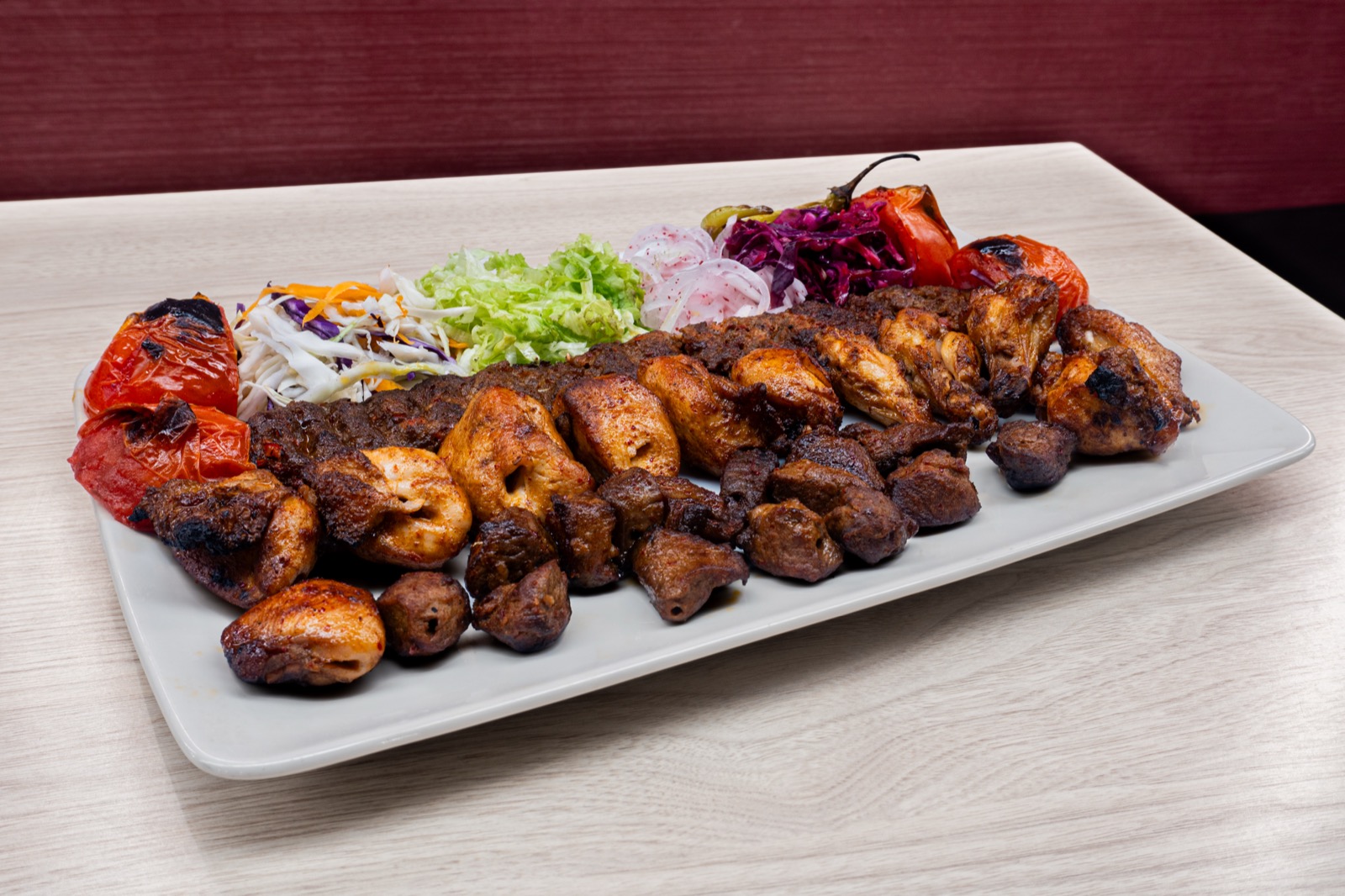 Mixed grill platter with lamb adana, lamb shish, chicken shish and chicken wings